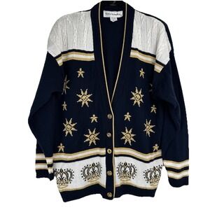 Vintage Women's Cardigan Sweater Size Medium Gold Navy Nautical Queen Star